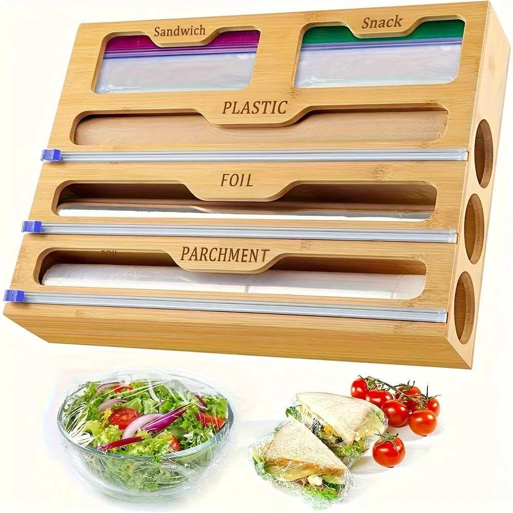 5-in-1 Plastic Wrap Organizer with Cutter and Dispenser for Kitchen Storage - Holds Aluminum Foil Plastic Film and Plastic Bags