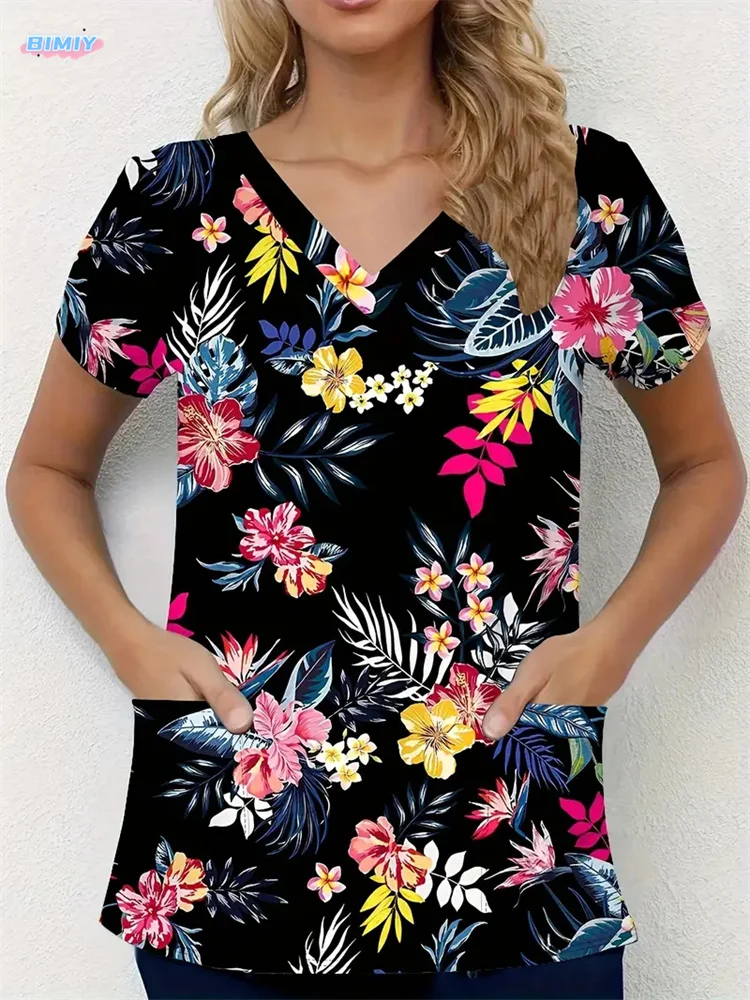 Floral Nurse Top -Stretch Fit with Handy Pockets &Soft V-Neck-Fashionable, Breathable, Work-Ready Health CarUniform for Women