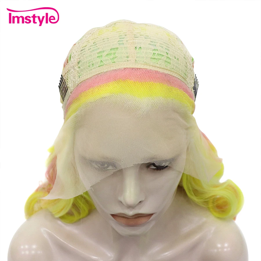 Imstyle Colorful Wig Long Rainbow Synthetic Lace Front Wig Heat Resistant Fiber Natural Wavy Wigs For Women Party Pink Yellow