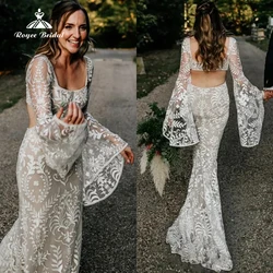 Boho Long Batwing Sleeves Lace Wedding Dress Drop Ship Custom Made Mermaid Rustic Beach 2024 Square Neck Open Back Bridal Gowns