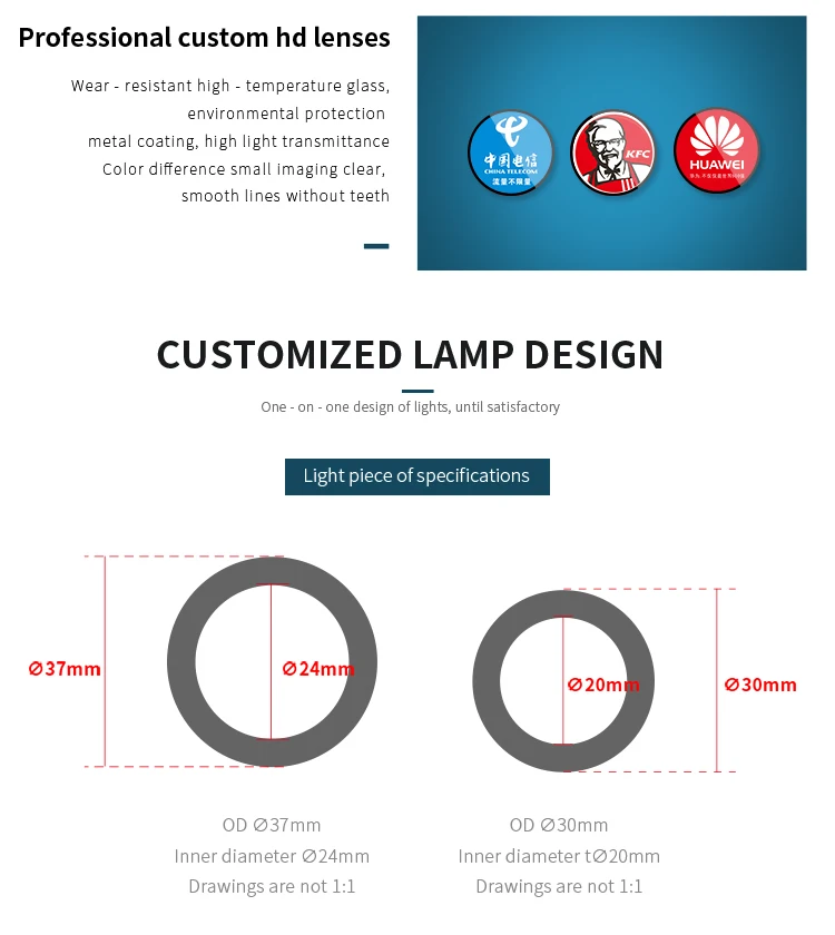 Aangepaste Logo Gogo Glazen Lens Voor Projectie Licht Aangepast Patroon Ontwerp