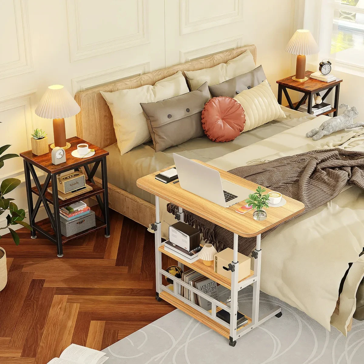 Mesa Para Laptop 3 Pisos Altura Ajustable, Mesa Lateral 60cm con Ruedas Desmontables para Sofa, Oficina y Hogar