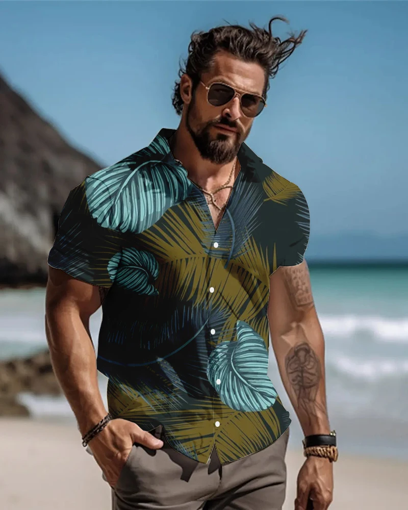 3D Printed Pattern Short Sleeve Shirt Tropical Leaves Loose Button Breathable Shirt Men's Short Sleeve Folded Collar Shirt