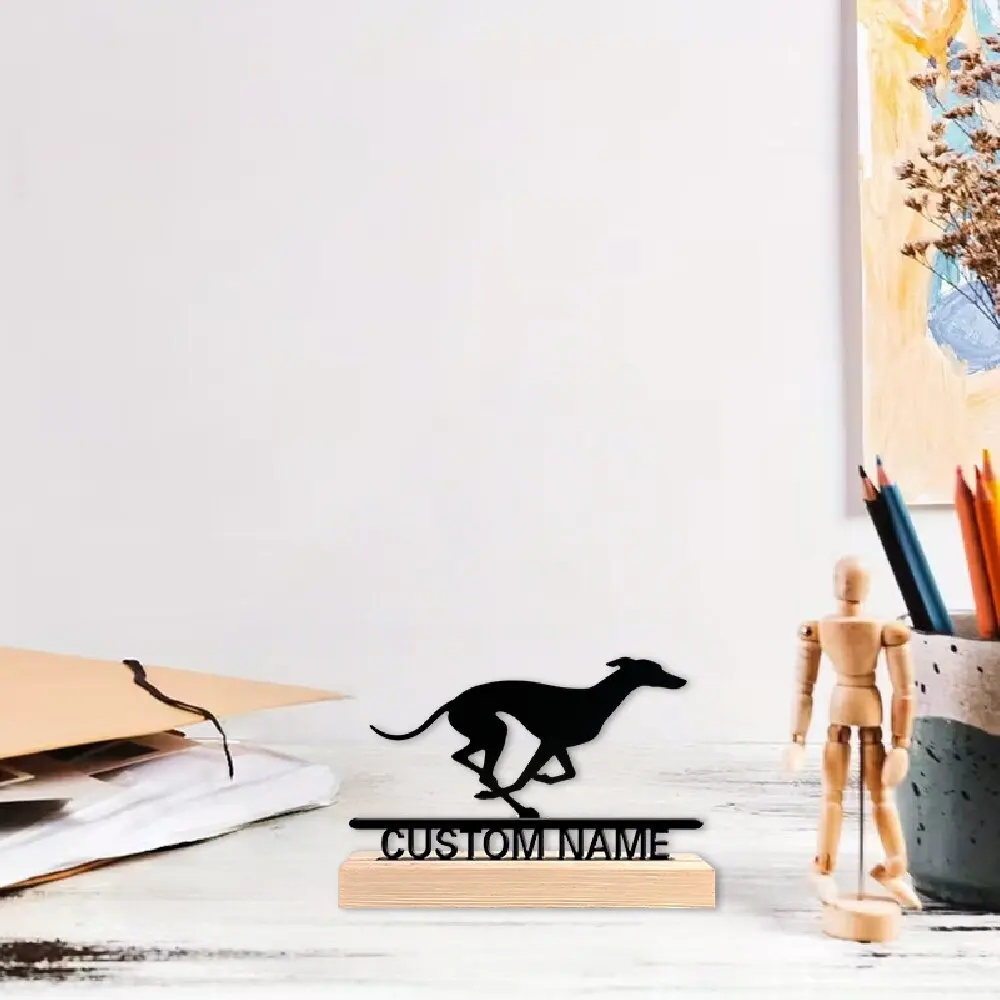 Custom Greyhound Metal Silhouette Statue with Wooden Base, Modern Desktop Art Ornament, Speed & Greyhound Themed Decor for Gift image 5