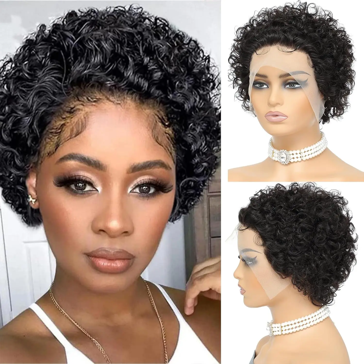 Ombre Blond Pixie Cut Lace Front Pruiken 13X4 Pixie Cut Short # P4/27 Krullend Pruiken Kant Voorkant Pruiken Geplukt Pixie Krullend Pruiken 6 Inch