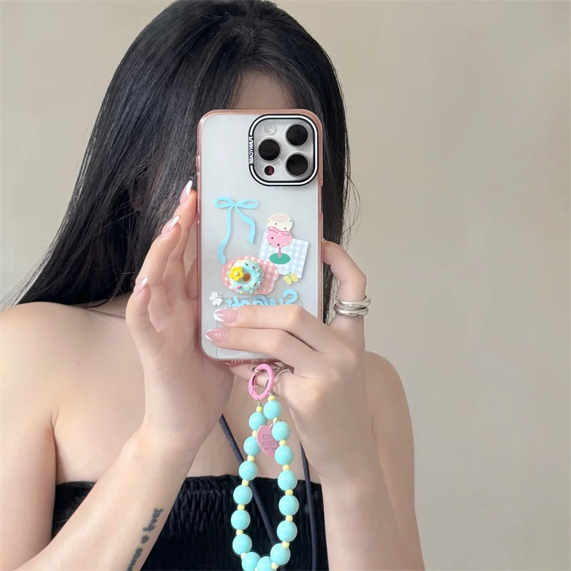 Cartoon Cute Side Three-dimensional donut for iPhone 13 14 15Pro Max with Bracelet Transparent Fall-proof Phone Case