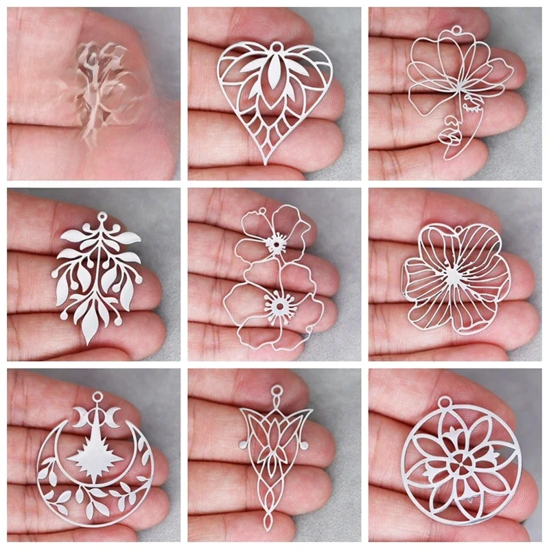 Breloques florales chaudes, ligne d'art, pendentif en acier inoxydable pour la fabrication de bijoux, glands, boucles d'oreilles, collier, feuille de plante, accessoire de fleur, 3 pièces