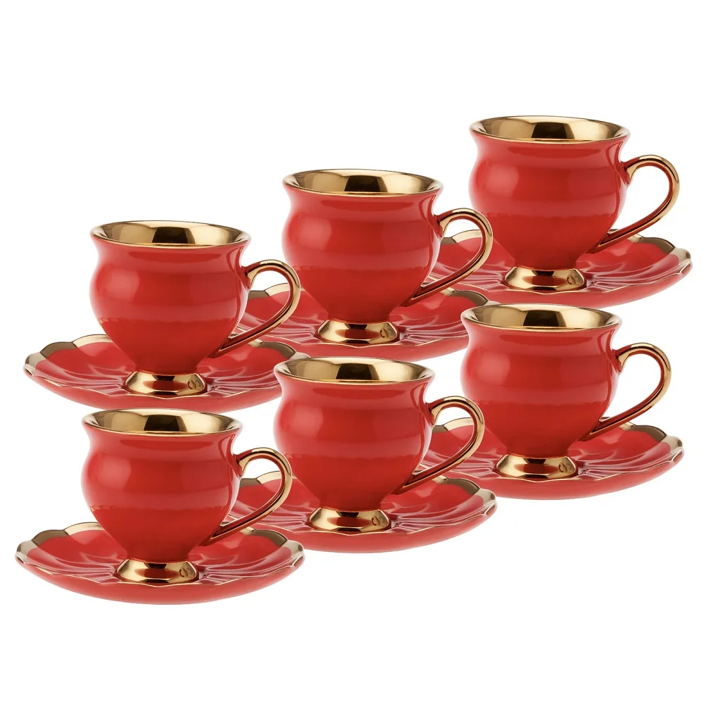 Juego de tazas de café de oro rojo de 6 tazas de café de 90 ml, 6 tazas de café turco, 6 platos de café árabe