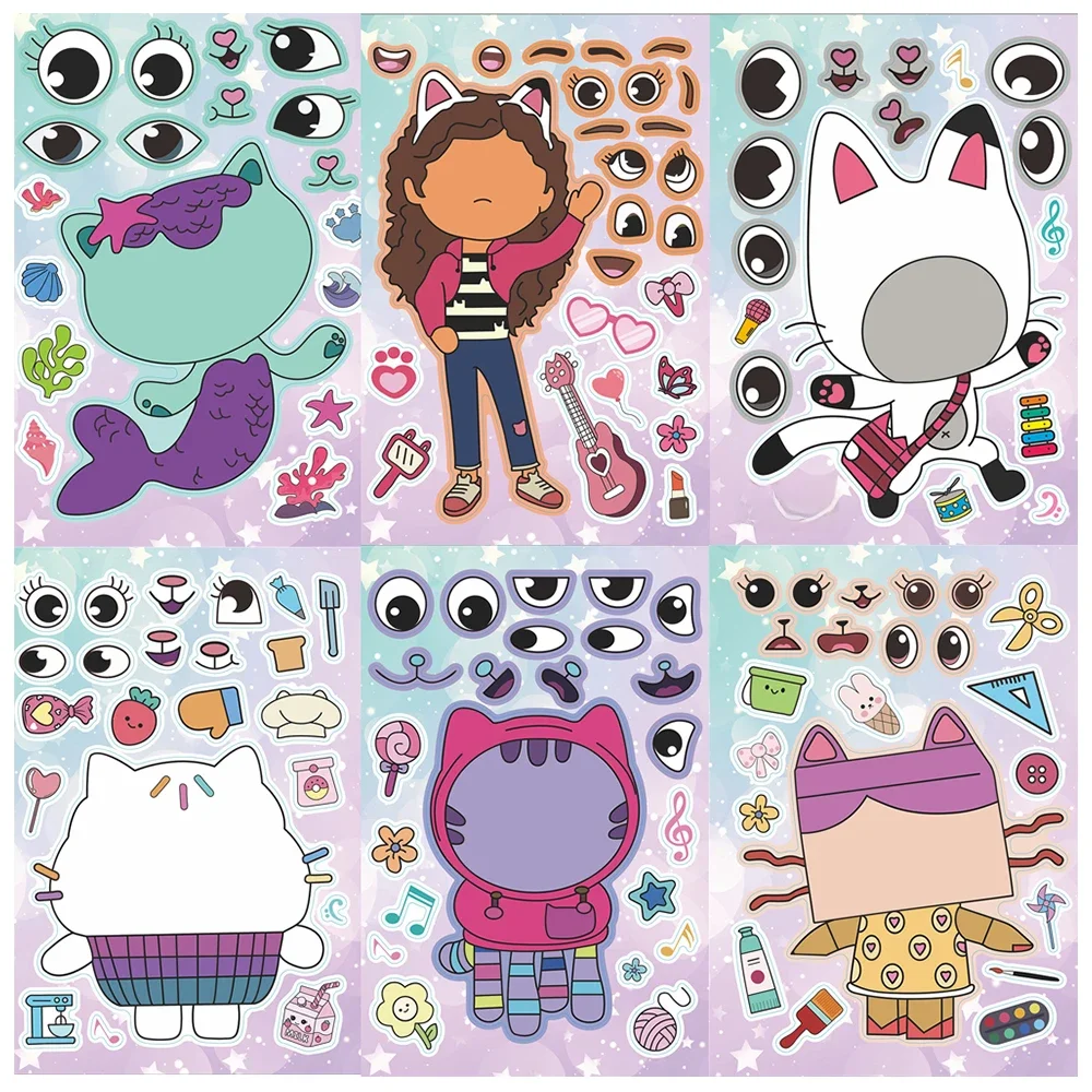 6/12 feuilles Gabby's Dollhouse faire un visage Puzzle autocollants enfants rendre votre propre jeu de bricolage enfants dessin animé Puzzle jouets éducatifs cadeau