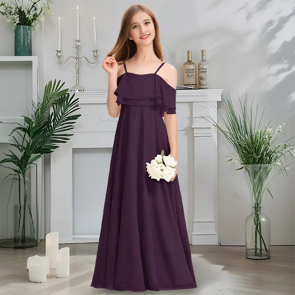 B Vestido de dama de honor junior con hombros descubiertos, vestido de niña de flores dorado rubor, gasa hasta el suelo con volantes en cascada para boda