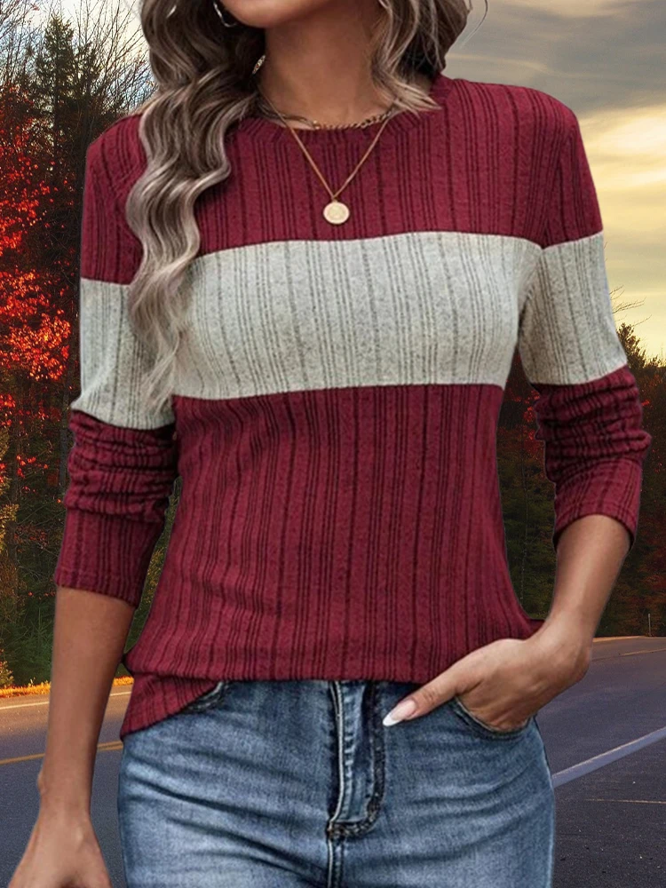 Autumn Women Long Sleeve Patchwork Loose O-Neck Jumper Street Casual Knitted Lady Pullover Female Striped Contrast Color Sweater