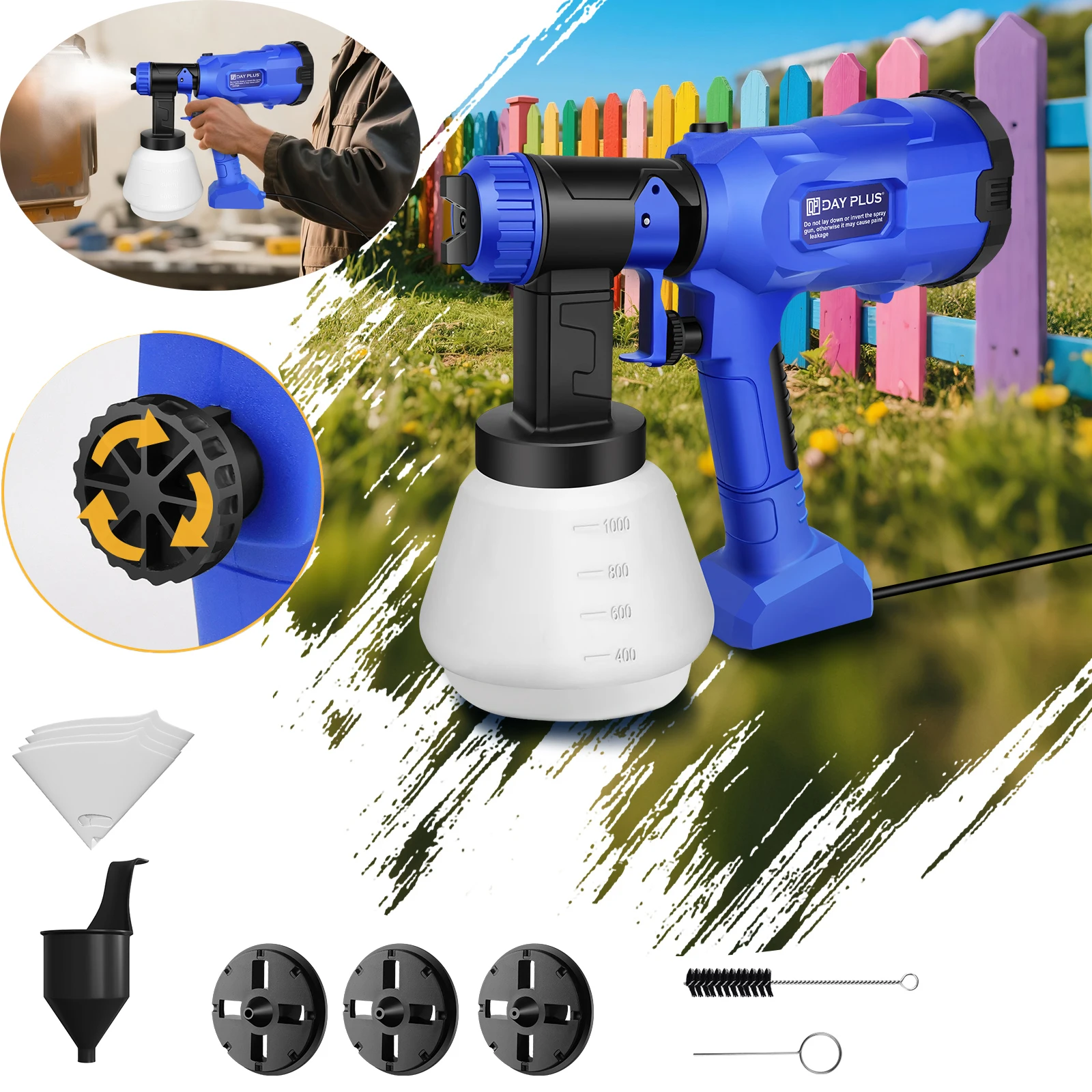 1000ml HVLP-Lacksprühmaschine 1500W, 3 Sprühmuster verstellbarer Durchfluss, Bronze-Sprühspitze - für Möbel, Zaun, Decke, Tür