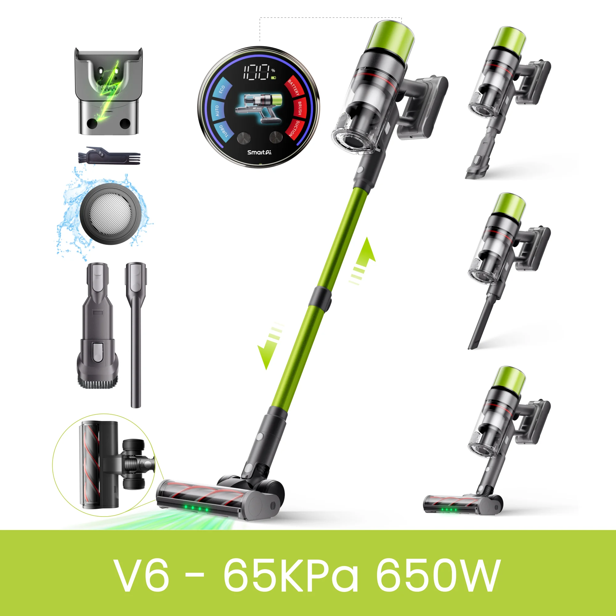 SmartAI V6 Draadloze Stofzuiger, 65KPA 650W Krachtige Steelstofzuiger, Tot 80Min Batterijduur, 24000mAh Grote Accu, Anti-Klit Borstel, Lichtgewicht Multi-Functionele Stofzuiger met HEPA12 Filter, Voor