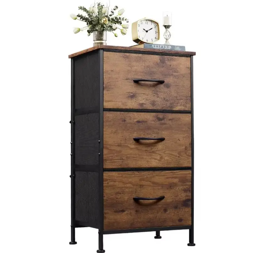 Kommode mit 3 Schubladen aus Stoff, Vintagebraun-Schwarz