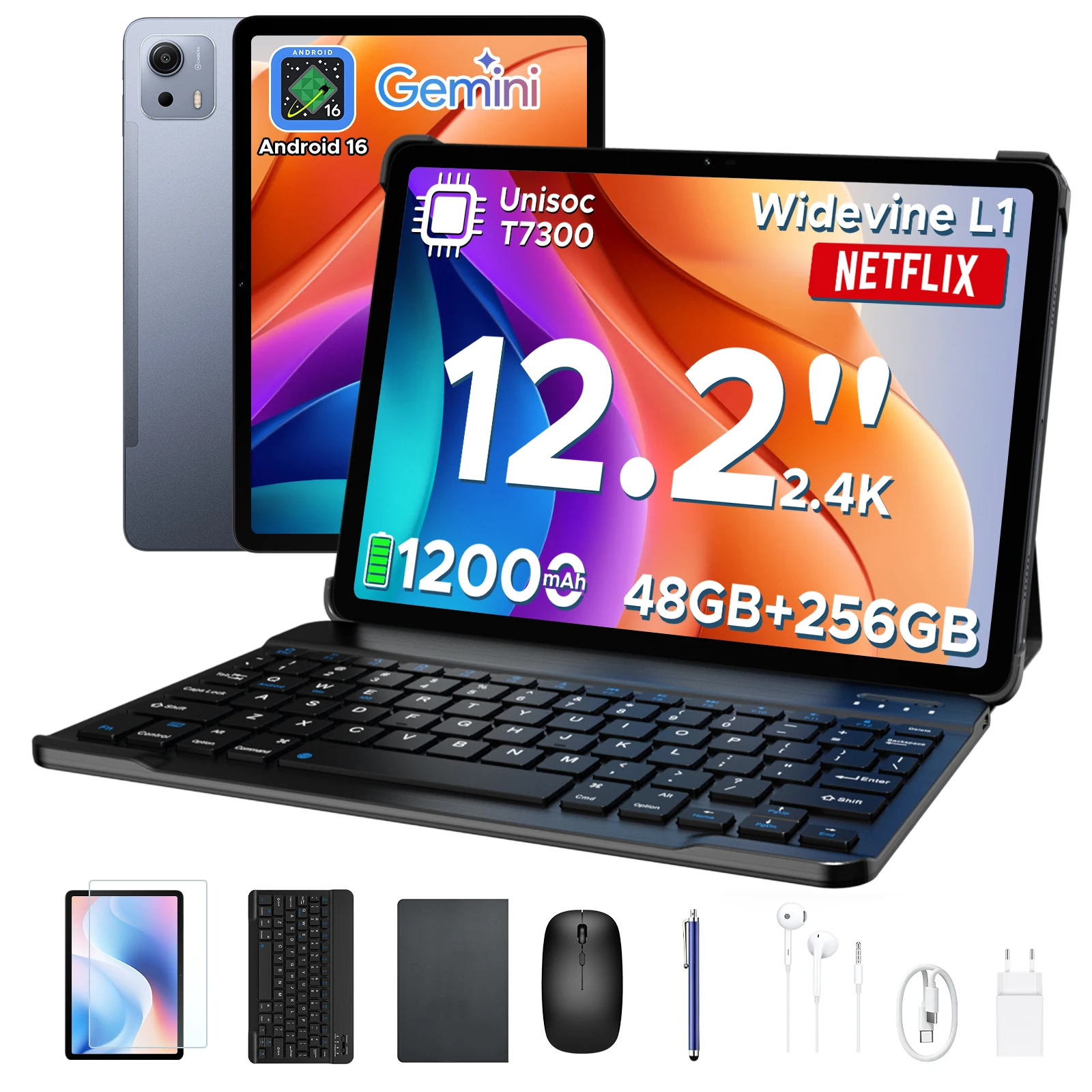 POCKAM P12PLUS 12 Inch Tablet Android 16, 12000mAh/18W, T7300 Octa-core, 2.4K 120Hz, 48GB RAM+256GB ROM/2TB TF, WiFi, 8MP+13MP, Gemini AI, Face ID, OTG, Tablet with Keyboard and Pen