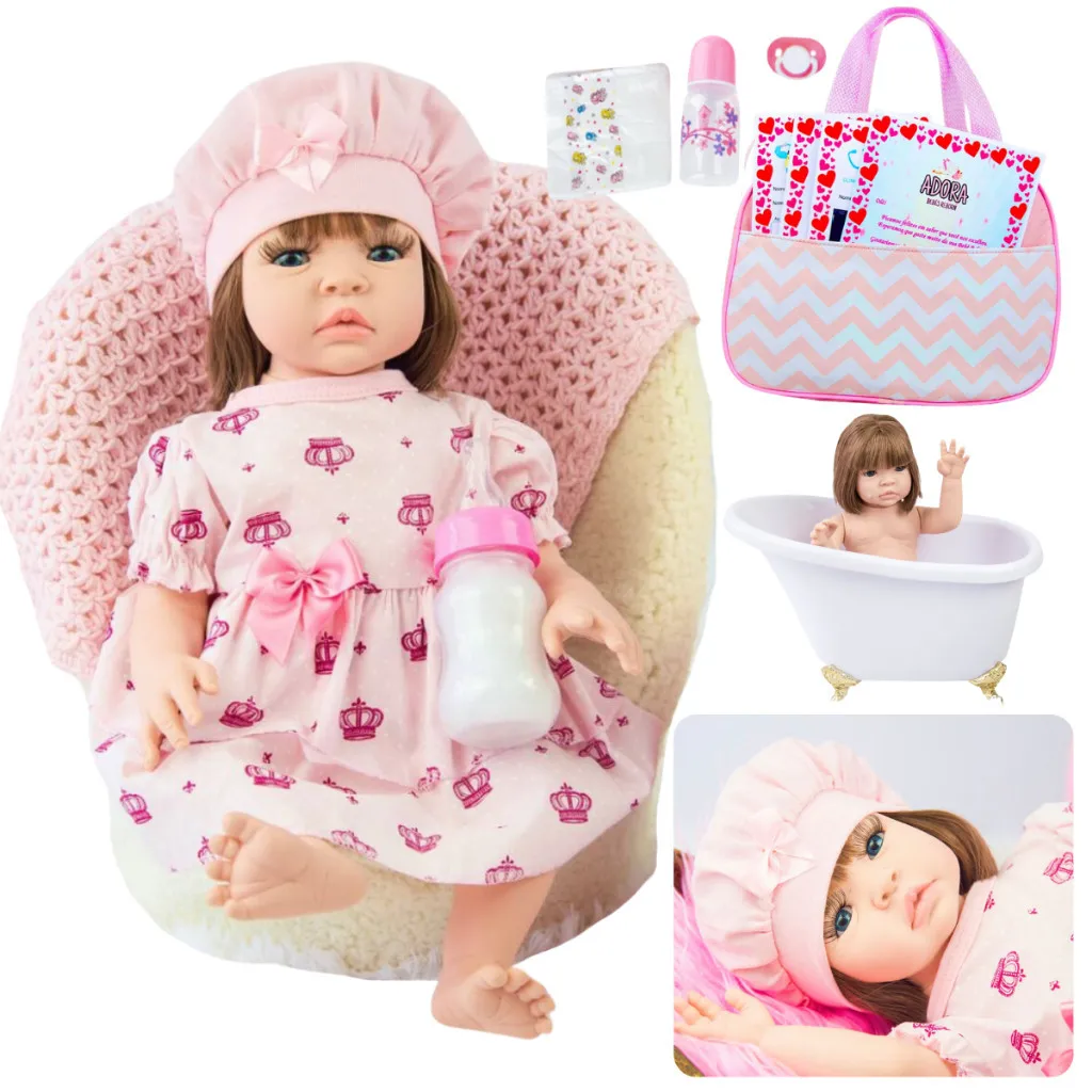 Bebê Reborn Menina Boneca Realista 48cm Corpo de Silicone Com Vestido Pode Banho