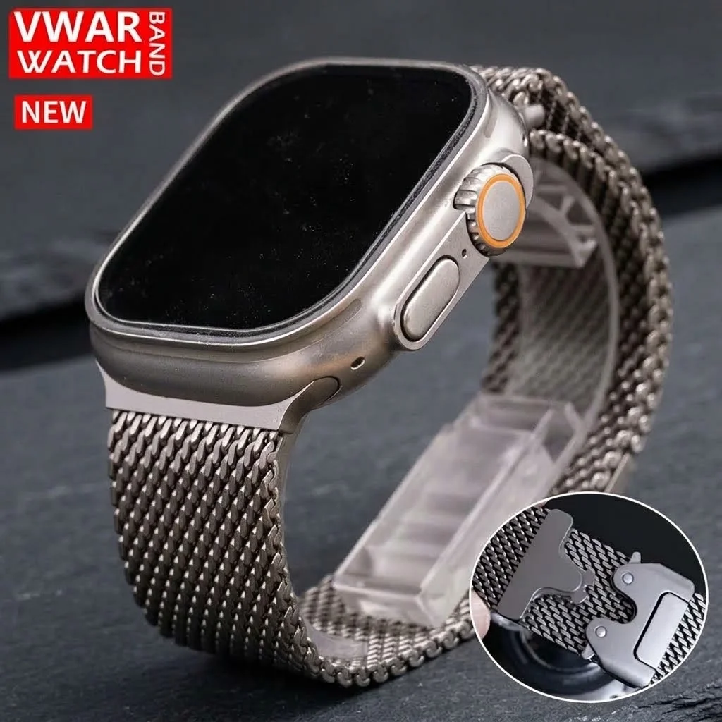 100% Titanium Band For Apple Watch Ultra 4/3/2 49mm Official Milanese Loop Parachute Buckle Strap iWatch Series 12 11 10 9 8 SE3