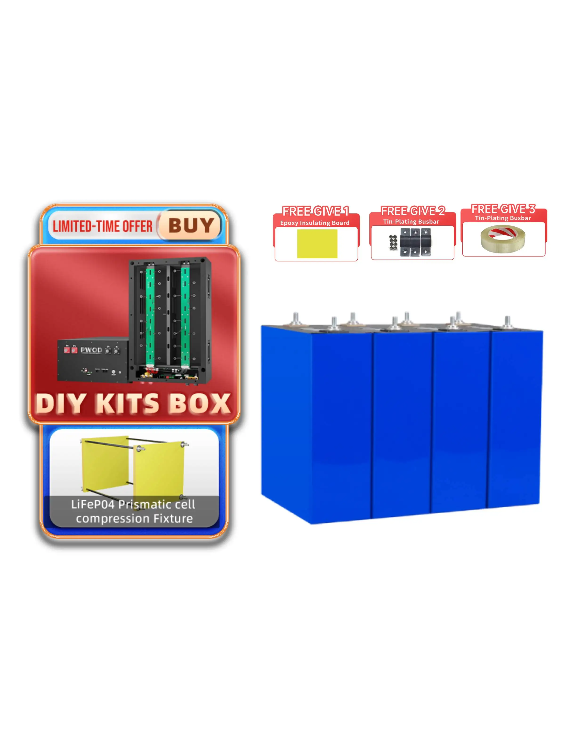 320Ah 3,2V 8000 Zyklen LiFePO4 Batterie mit Kompressionskit oder 48V DIY-Kits Box mit integriertem BMS Lithium-Eisenphosphat-Zellenbatteriemodul, Unterstützungskit, Montagerahmen für DIY 12V 24V 48V