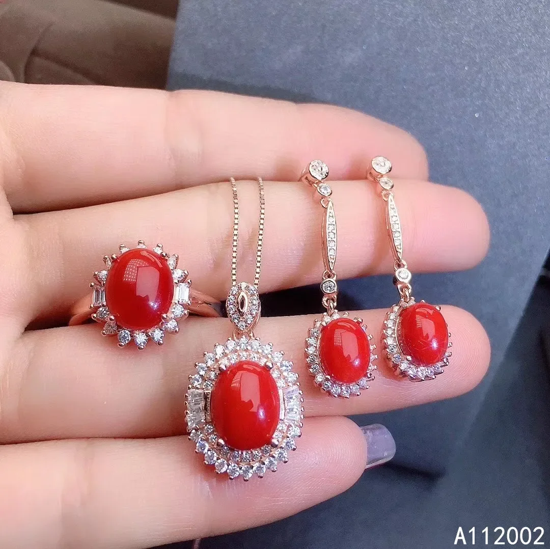 KJJEAXCMY Women's Natural Red Coral Gemstone Necklace Pendant Ring Long Earring Set 925 Pure Silver Plated Rose Gold Party Gift view 3
