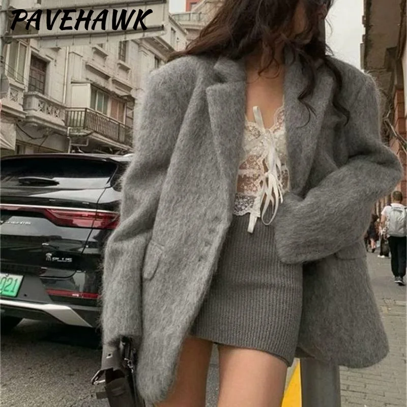 Women Wool Turn Down Collar Plush Coats Long Sleeve Single Breasted Blazer Autumn Winter Loose Elegant Office Lady Overcoat