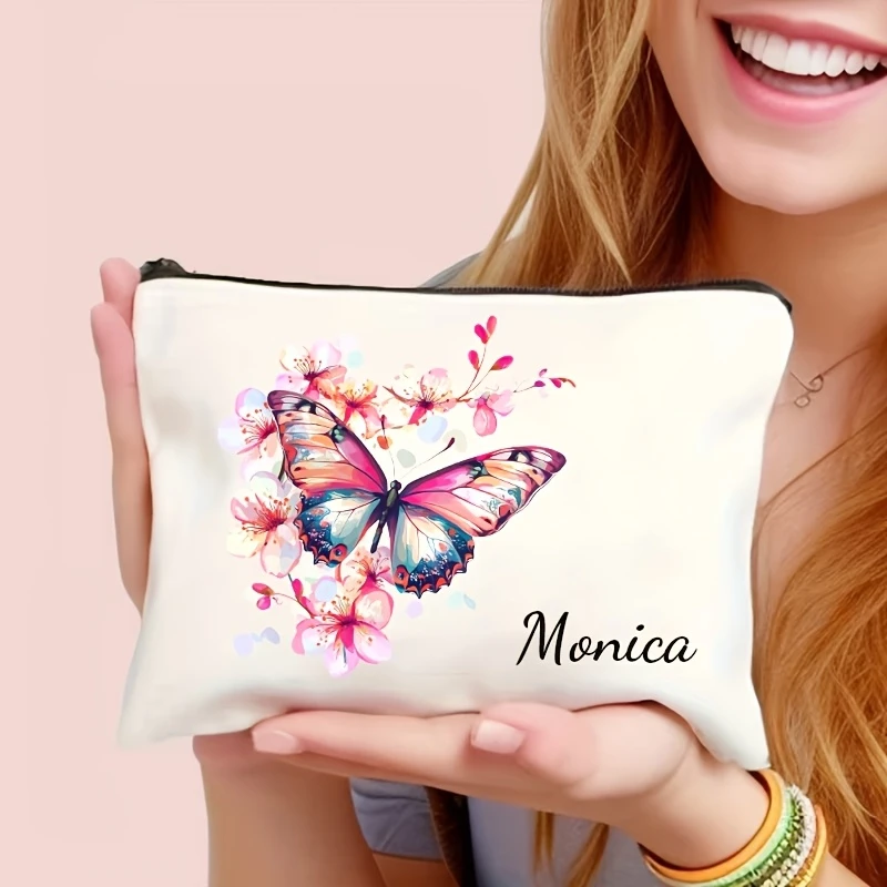 Pink Butterfly Floral Custom Engraved Name Makeup Bag Romantic Blooming Flower Print Zipper Cosmetic Storage Gift For Women