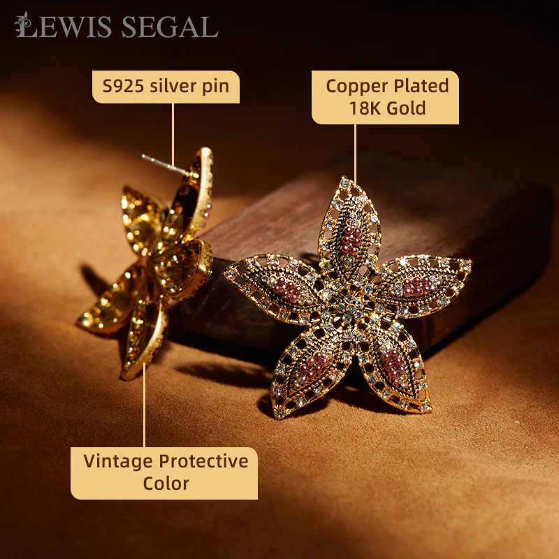 LEWIS SEGAL-Boucles d'oreilles à tige de fleur creuse vintage pour femme, broche trempée, bijoux fins, or 18 carats, étoile de mer, luxe, style médiéval