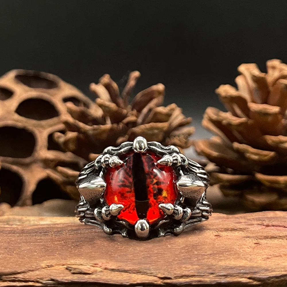 Gothic Dragon Claw Devil Eyes Skull Ring for Men Stainless Steel Red Zircon Biker Halloween Jewelry