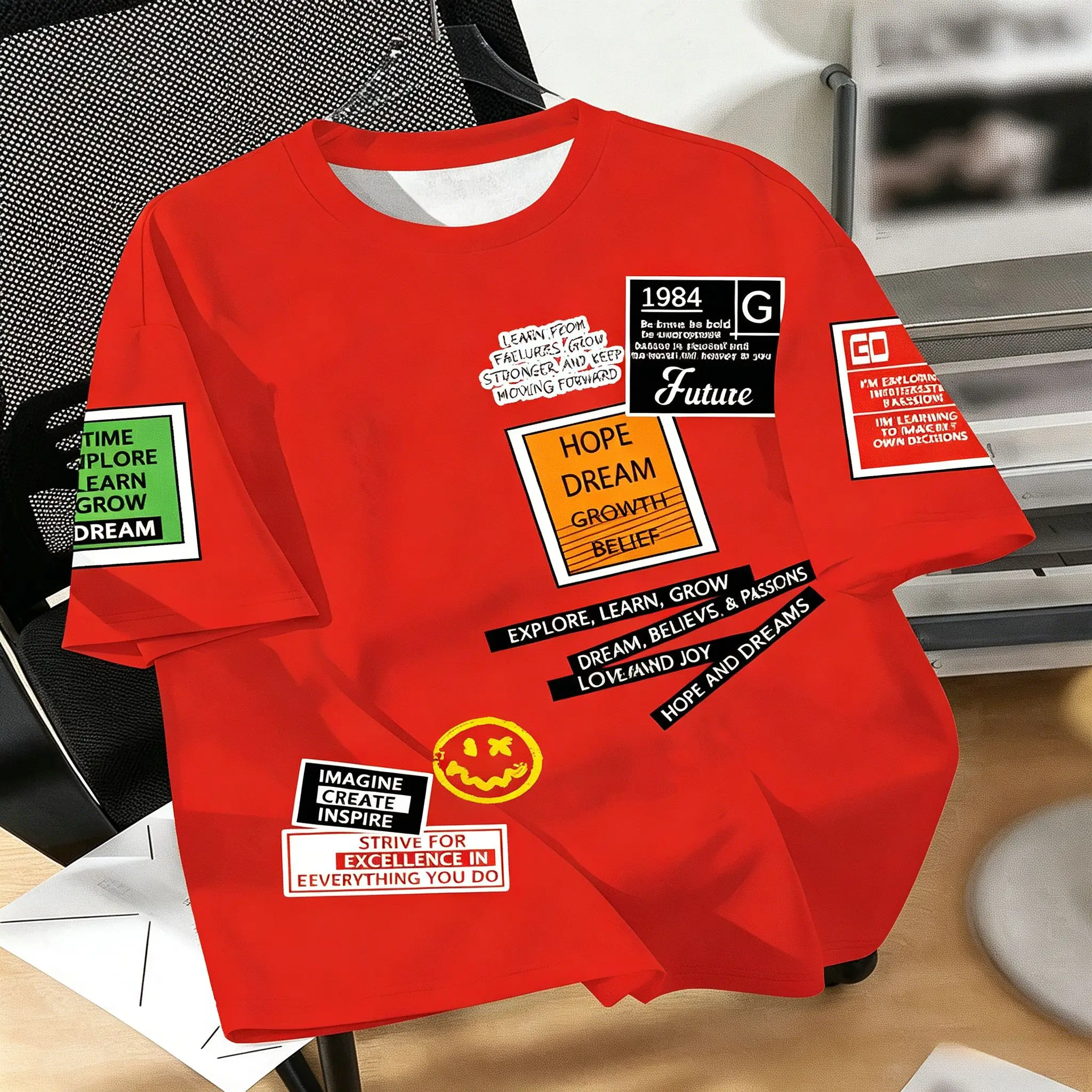 Men's Orange Motivational Quote Patchwork Sticker Graphic T-Shirt, Hope Dream Growth Smile Face Streetwear Short Sleeve Casual T view 5