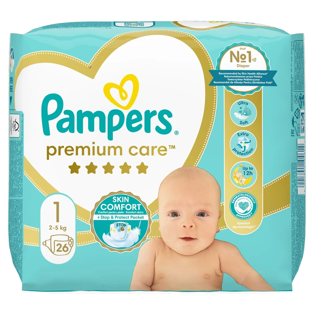 5x Pieluchy PAMPERS Premium Care roz 1 (2-5 kg) 26 szt