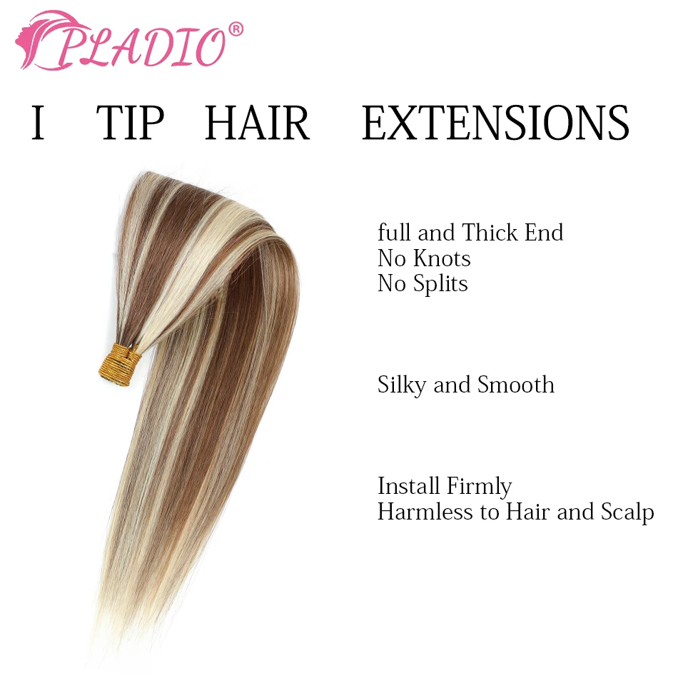 PLADIO I Tip Human Hair Extensions Keratin Capsule Original Human Hair Natural Color Straight Remy Hair 12