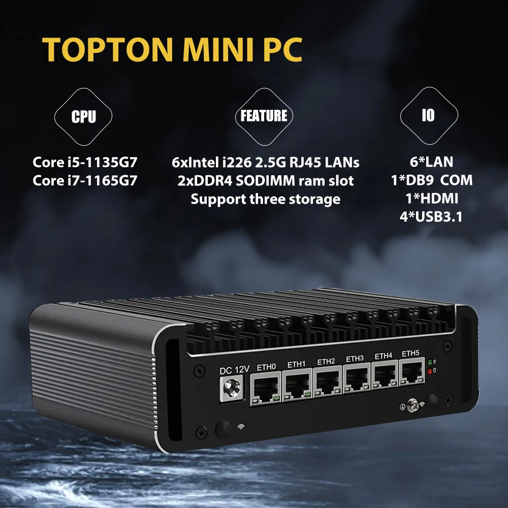 Firewall Appliance Mini PC Intel Core i7 1165G7 i5 1135G7 Quad Core 6x Intel I226 2.5G Ethernet VPN Router PC AES-NI 1xDB9 COM