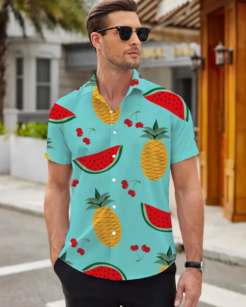 Camisa de manga corta con estampado 3D de frutas tropicales para hombre, camisa de solapa informal cómoda, camisa de playa de verano