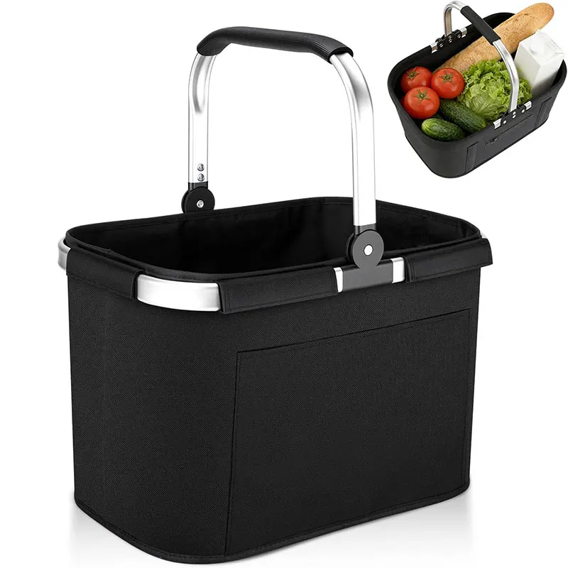 30L Einkaufskorb mit Aluminiumrahmen, Familien-Einkaufstasche, faltbarer Tragekorb mit gepolsterten Griffen, Picknickkorb, praktischer Faltkorb mit 2 Stützstangen - ideal für Reisen/Picknicks/Einkäufe