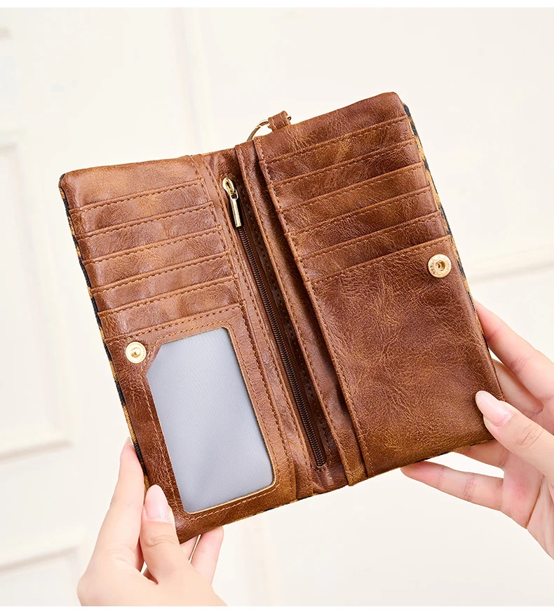 Vintage Damen-Geldbörse mit Leopardenmuster, Doppelreißverschluss, PU-Leder, lange Geldbörse, multifunktionale Kreditkarten-Clutch mit Handgelenkschlaufe – Detail 12