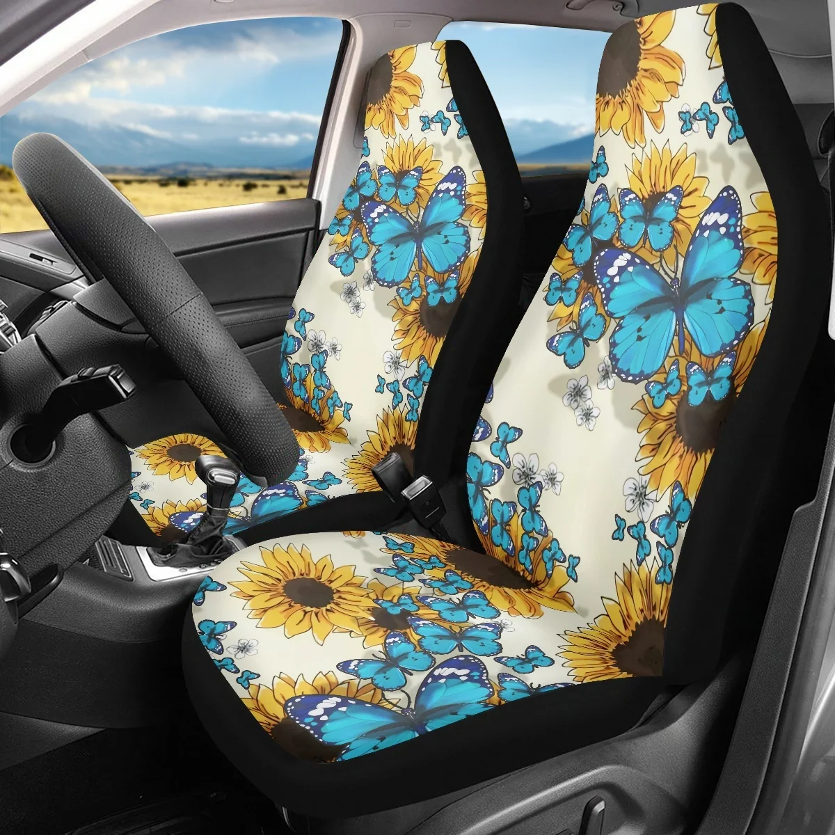 

Pretty Sunflower Butterflies Print Front Car Seat Covers Full Set of 2pcs Vehicle Seat Protect Interior Seat Covers Fit Most SUV