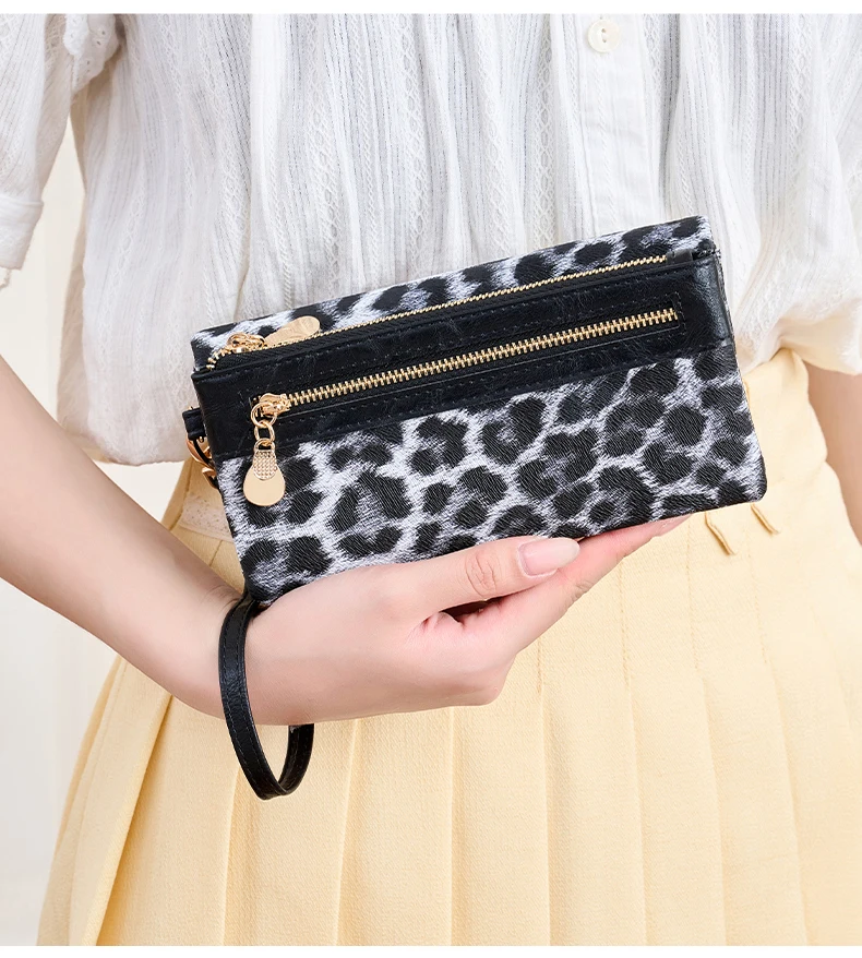 Vintage Damen-Geldbörse mit Leopardenmuster, Doppelreißverschluss, PU-Leder, lange Geldbörse, multifunktionale Kreditkarten-Clutch mit Handgelenkschlaufe – Detail 21