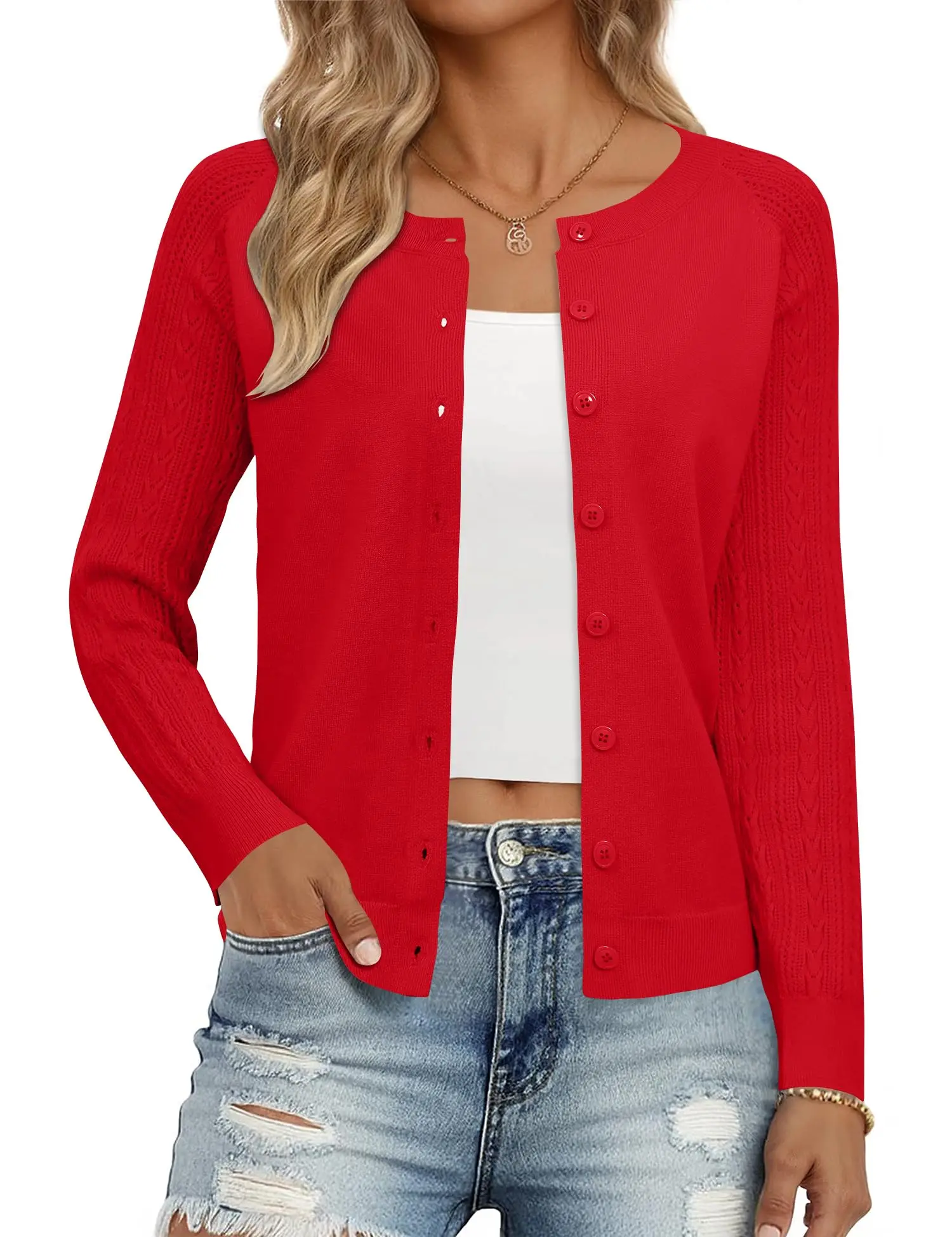 

Ivicoer Women's Long Sleeve Cardigan Button Up Cardigan Crew Neck Cable Knit Sweater Trendy Fall Outfits