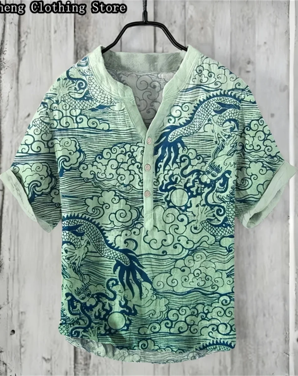 새로운 고대 문명 예술 패턴 인쇄 남성 반팔 셔츠 린넨 편안한 원단 유럽과 미국의 인기