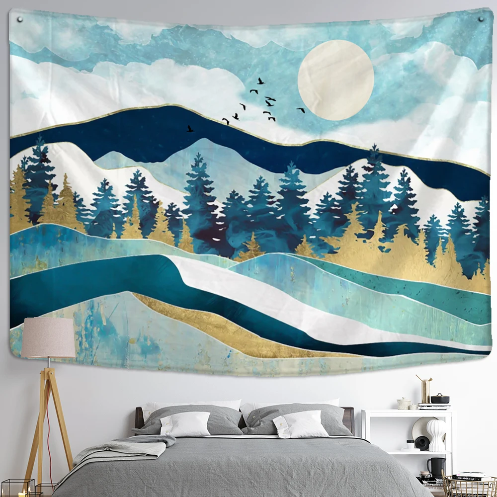 Geometric Peak And Forest Tapestry Wall Hanging Bohemian Style Aesthetic Room Landscape Painting Room Home Decor