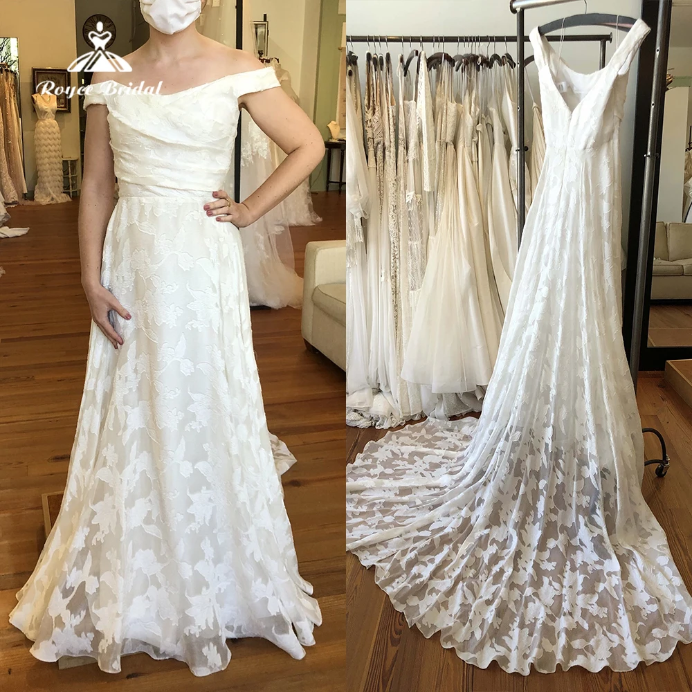 Boho von der Schulter falte volle Spitze eine Linie Brautkleid für Frauen Strand Brautkleider Sweep Vestidos de Novia Robe de Mariée