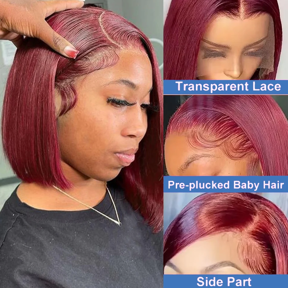 Burgundy 99J Short Bob Wigs Straight Human Hair 13x4 Lace Front Human Hair Wig Bone Straight Wig 100% Human Hair Wig For Women