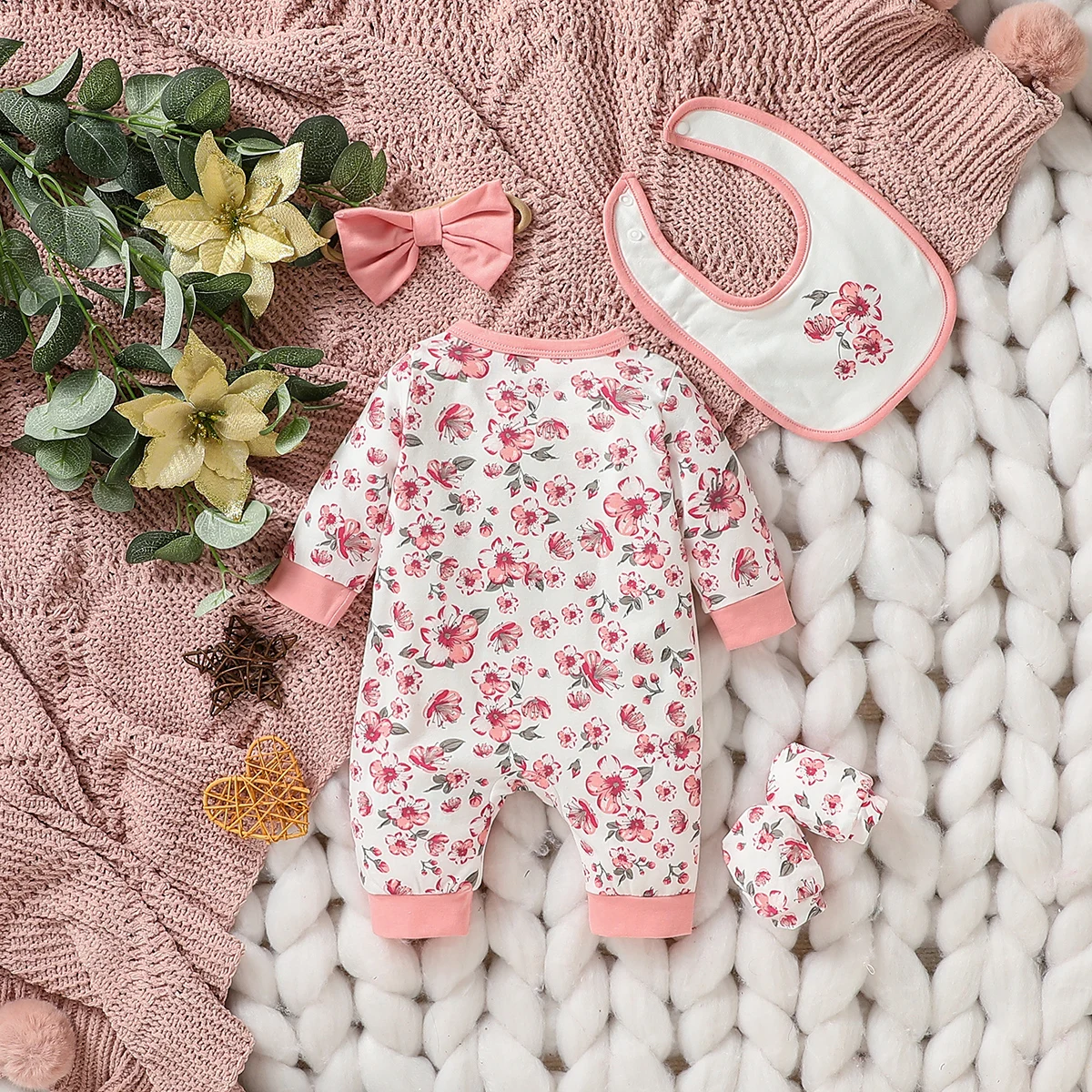 4Pcs Baby girls lovely print Flower autumn long-sleeve  Fashion Vacation Jumpsuit +Bib+Headband+Gloves