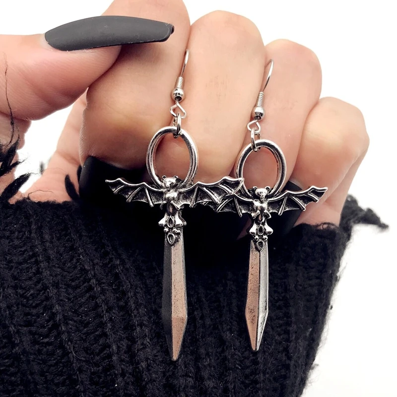 Silver Sword Drop Earrings- Bat Earrings - Medieval Jewelry- Alternative Style- Metal Bat Jewelry- Metal Sword Jewelry- Goth