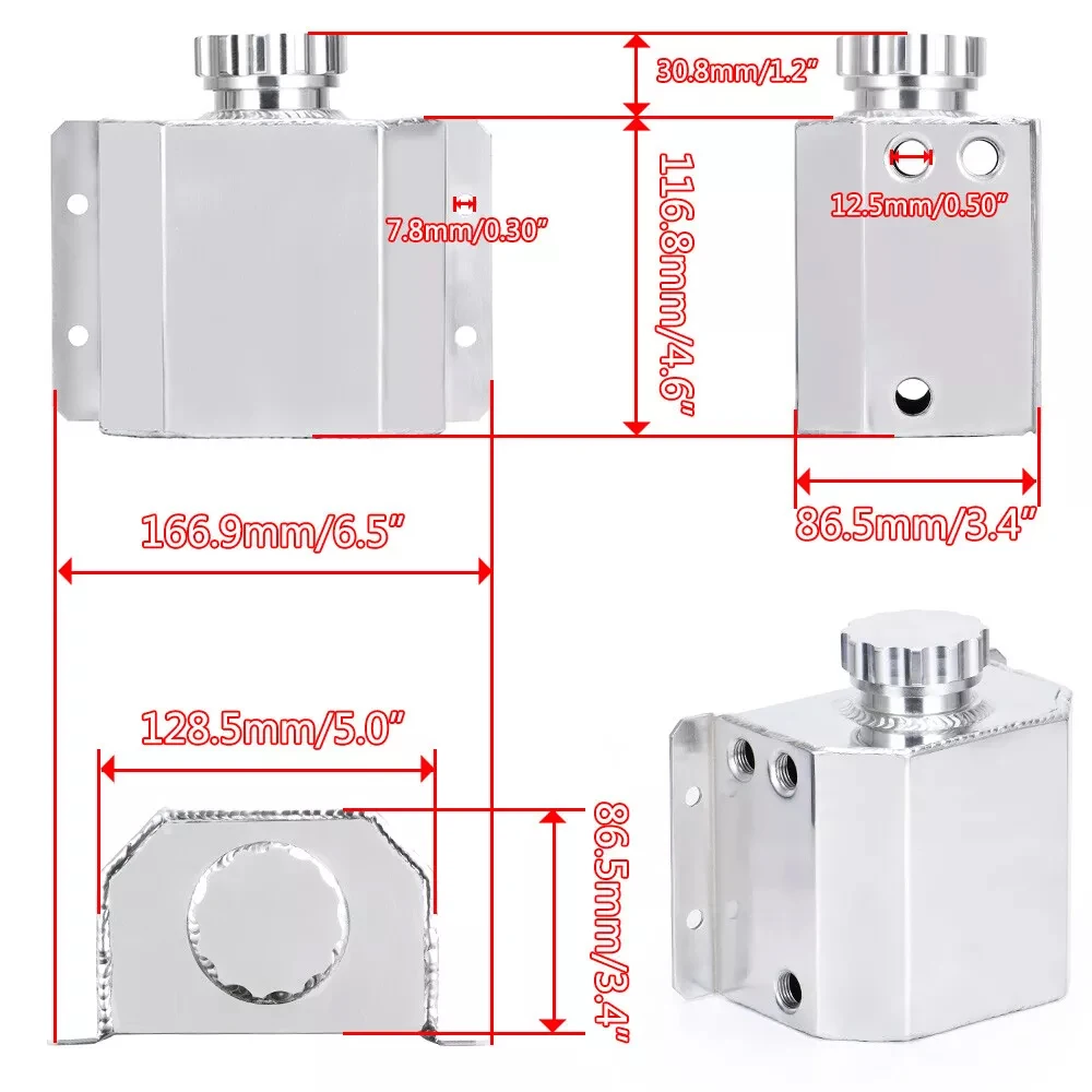1L Aluminum Coolant Radiator Overflow Recovery Water Tank Bottle Reservoir Universal Coolant Overflow Tank Coolant Silver Black