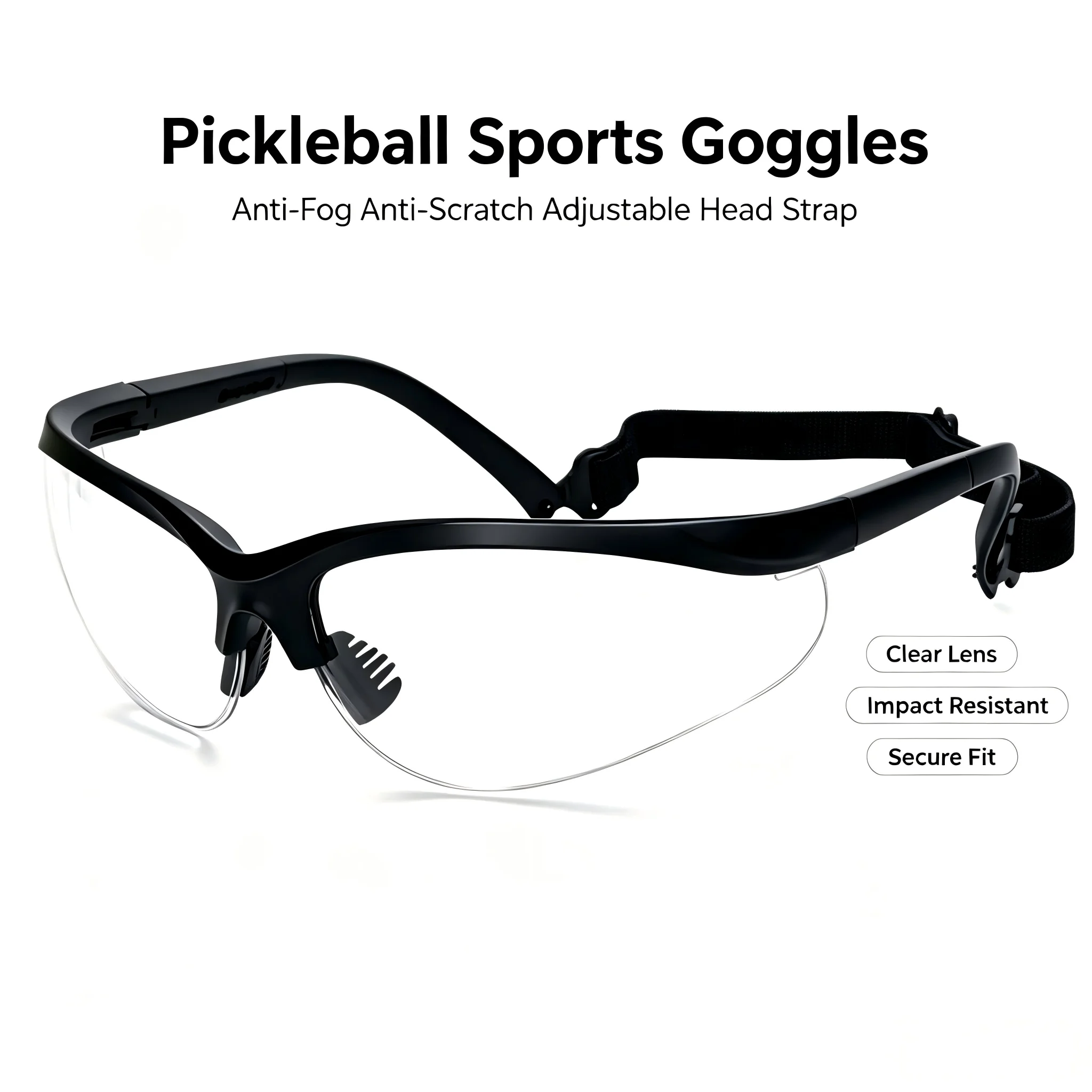 

Clear Anti-Fog Lens Pickleball Safety Goggles with Adjustable Elastic Head Strap For Squash Tennis Racket Sports Training Gear