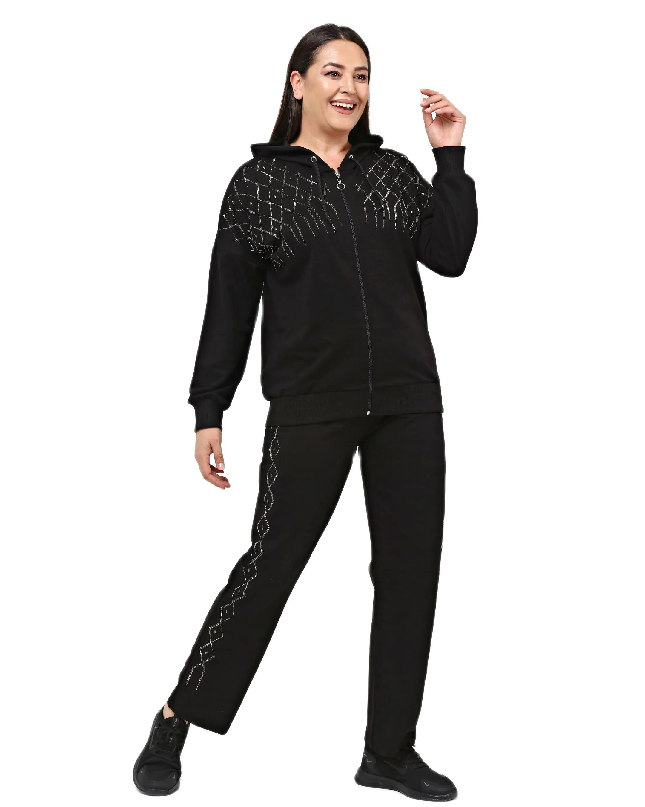 Ensemble de survêtement noir grande taille pour femmes, survêtement 2 pièces imprimé pierre de losange, conçu et fabriqué en turquie, nouvelle collection