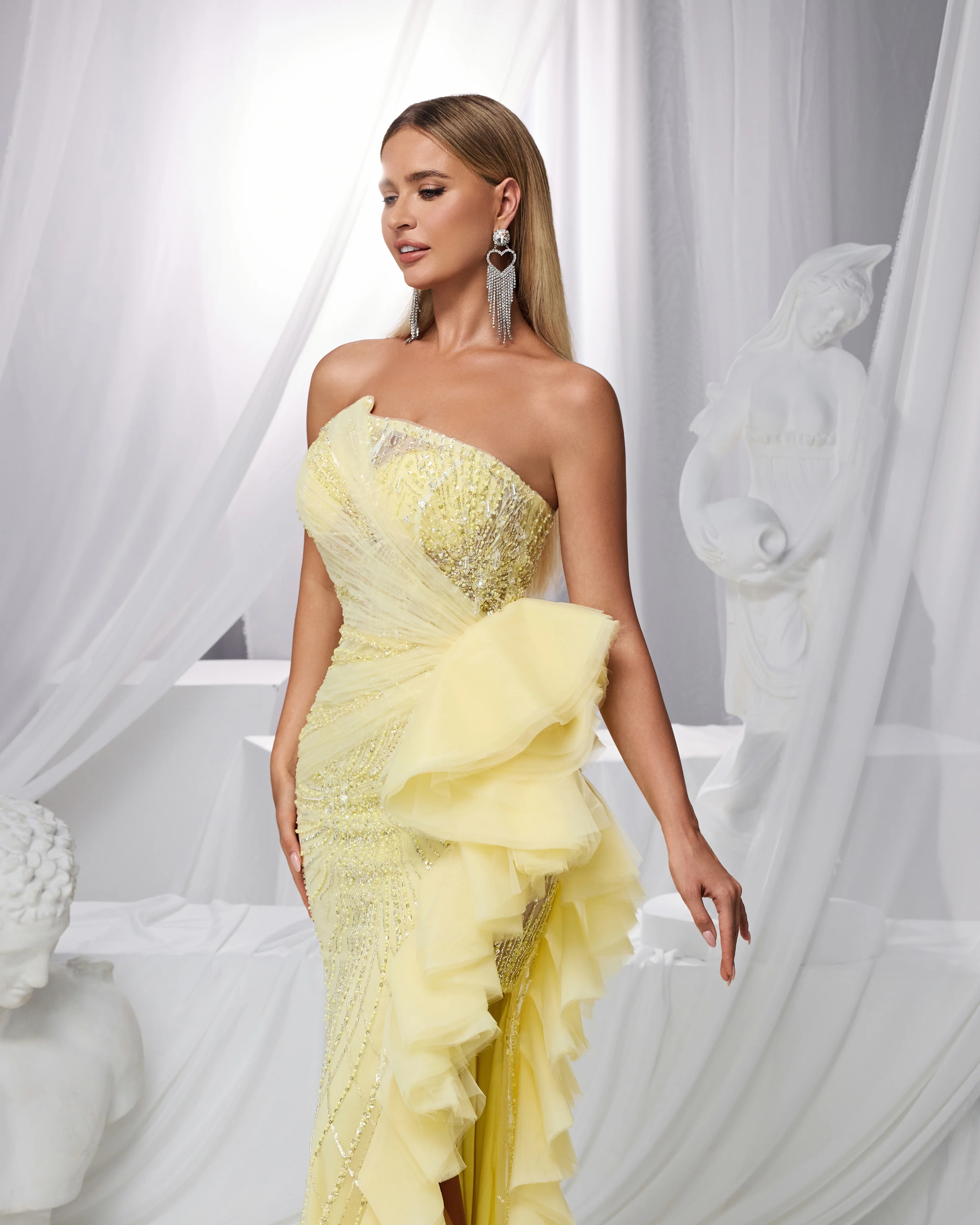 شاليمار تشانغ فساتين السهرة الصفراء للسيدات مع الماس اليدوية كيب كم حورية البحر فستان سهرة فاخر حسب الطلب