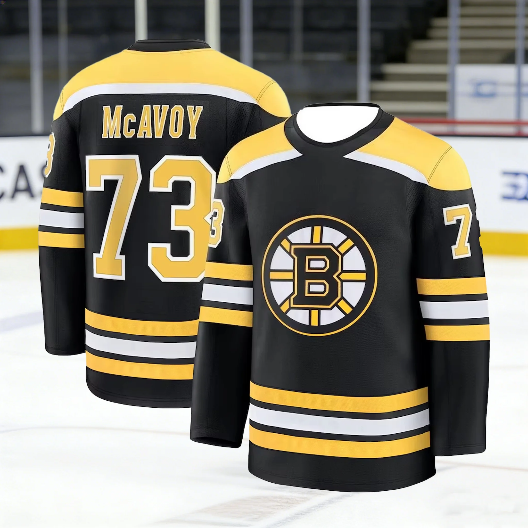 Camiseta de Hockey sobre Hielo Negra 2026 con Detalles Amarillos y Blancos, Diseño Clásico con Logotipo B a Rayas, Impresión 3D, para Aficionados