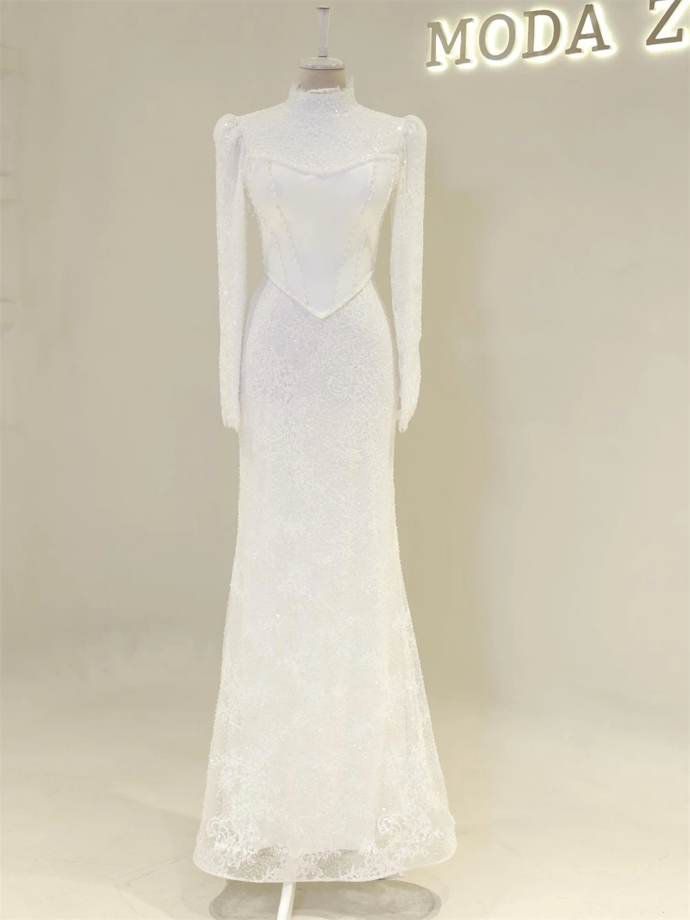 Sansa Corsetto personalizzato Sirena Collo alto Abito da ballo Manica lunga Pizzo con paillettes Abiti da sera Lunghezza pavimento Serata formale