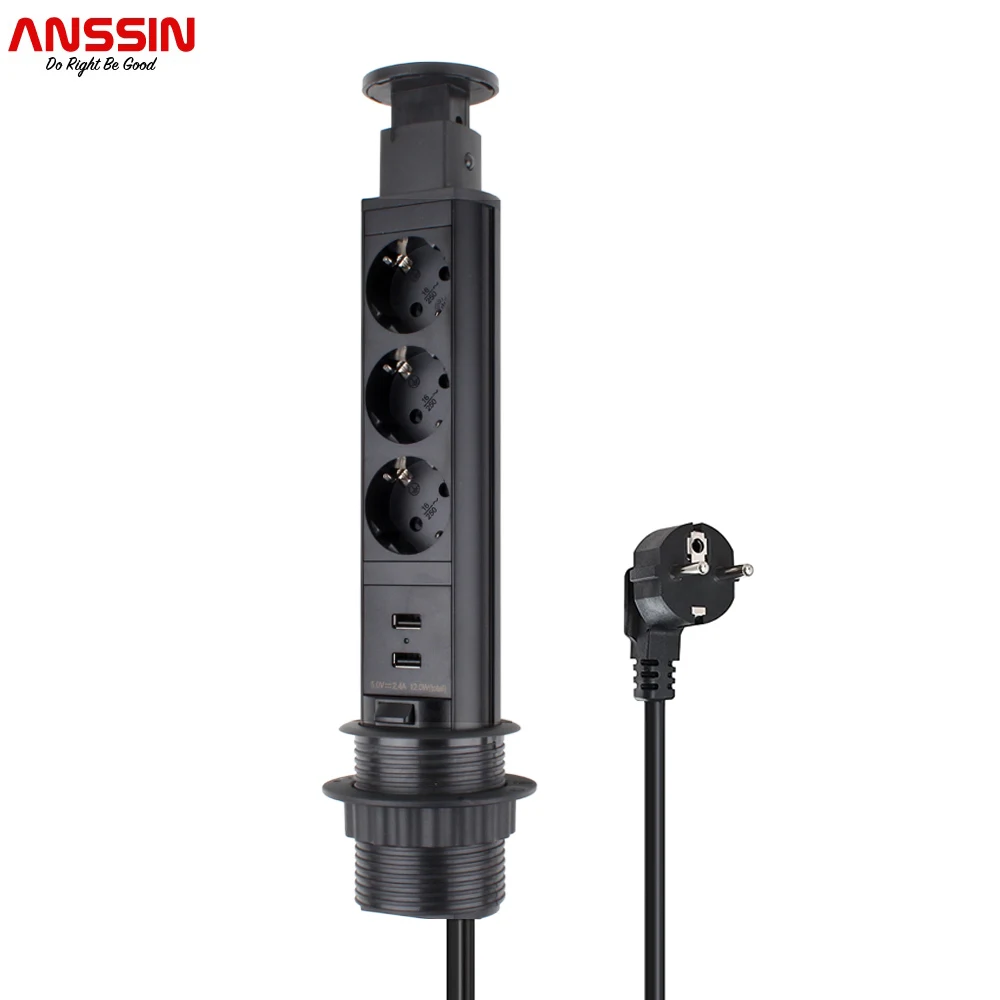 Anssin EU Tower Power, Table Socket Strip 3-Way With 2USB (1.8m Cable, Outlets Fully Retractable On Desk Top) Aluminium/Black